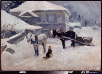 Maalaishotelli - Aleksei Stepanovitš Stepanovin (1858-1923) maalaus, öljy kankaalle, 1800-luvun lopun - 1900-luvun alun venäläistä taidetta, maisema - M Tuganovin Pohjois-Ossetian taidemuseo, Vladikavkaz (Venäjä)