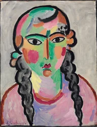 La fille pale aux tresses grises - Kalpea tyttö harmailla pigtailsilla, kirjoittanut Alexej von Jawlensky (Javlensky) (1864-1941). Öljy paperille, c. 1916. Mitat : 63,5x49,5 cm. Yksityinen kokoelma