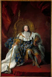 Ludvig XV:n (1710-1774) muotokuva lapsena valtaistuimellaan, kruunajaisasussa ja kruunajaisarvomerkkien kanssa, 1723. Mitat: 2,26 x 1,8 m
