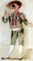 Carlo Zucchelli (1793-1879) italialainen basso, Figaro Gioacchino Rossinin oopperassa "Sevillan parturi", vesivärikuva