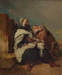 Istuva arabimies hevosen kanssa, mahdollisesti n. 1850-58.