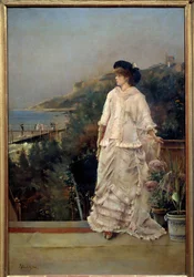 Muotokuva naisesta terassilla meren rannalla Alfred Stevensin (1823-1906) maalaus 1882 su. 1,1x0,66 m Pariisi, museo d