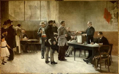 Yleinen äänioikeus. Äänestyspaikka vuonna 1891. Alfred Bramtot