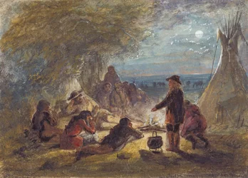 Leirin tuli yöllä; Trapper Relating an Adventure, n. 1858 (lyijykynä, kynä ja muste, akvarelli ja guassi paperille)