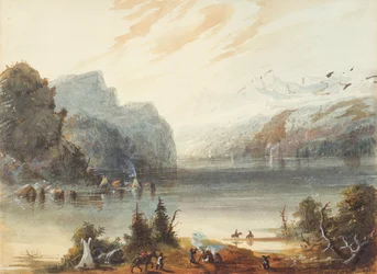 Ketjujärvi Rocky Mountainsissa, n. 1837 (kynä, akvarelli ja guassi paperille)