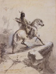 Crow Indian on Lookout, n. 1837 (kynä ja muste, pesu ja guassi paperille)