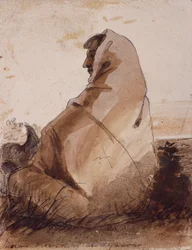 Intiaani Suru haudalla, Buffalo Skull, n. 1837 (lyijykynä, kynä ja muste ja pesu paperille)