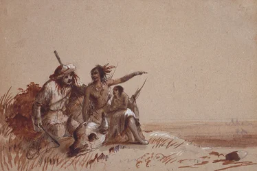 Kansas-intiaani kertoo turkismetsästäjälle merkein biisonien vaelluksesta, c.1837