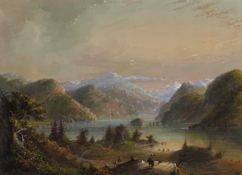 Järvimaisema, jossa näkyy River Mountain