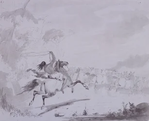 Lasson heittäminen, n. 1837 (harmaalla kortilla kynä ja muste harmaalla pesulla)
