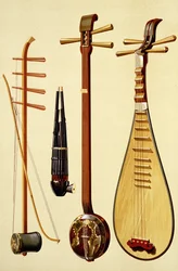 Huqin ja jousi, sheng, sanxian ja pipa, kiinalaisia soittimia teoksesta "Musical Instruments"
