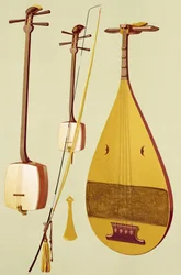 Shamisen, kokyu ja biwa, japanilaisia, teoksesta "Soittimet"