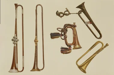Ratsuväen trumpetti, bugle, kullattu trumpetti, jonka on valmistanut John Harris n. 1730, trumpetti ja hopeaasennettu trumpetti, William Ball n. 1680, kappaleesta "Musiikki-instrumentit" (värillinen lito)