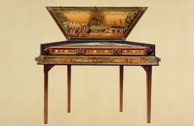 Vasarasoitto maalatussa äänirasiassa, 1700-luku, lähteestä "Musical Instruments" (värillinen litografia).