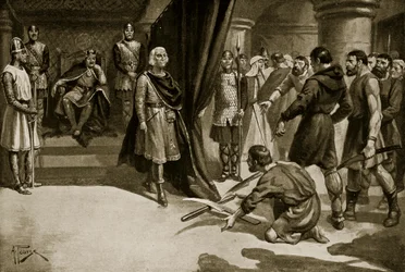 Talonpojat heittelevät auranvanteitaan Henry I:n jalkojen juurelle, kuvitus "Hutchinsonin tarinasta brittiläisestä kansasta", n. 1920 (litho)