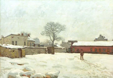 Sous la neige, cour de ferme à Marlyle-Roi