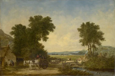 Metsäinen maalaismaisema hahmoineen kärryssä, n. 1855
