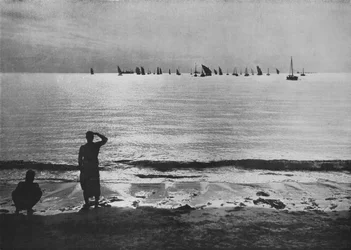 Pearling Fleet palaa Anchorageen auringonlaskun aikaan, c1890, 1910