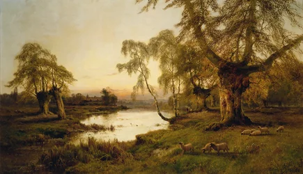 Lampaat laiduntavat järven rannalla auringonlaskun aikaan (öljy kankaalle)
