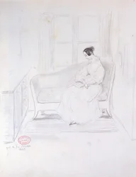 George Sand (1804-76), lukee sohvalla ikkunan vieressä, 1833