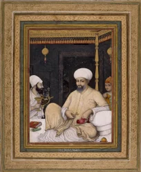 Ali Riza (taidemaalari). Sulttaani Ibrahim Adil Shah II kunnioittaa sufi-pyhimystä, Bijapur, noin 1620-30, British Museum, Lontoo.