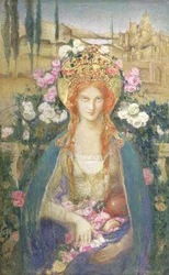 Pyhä Elisabet Unkarin, 1916 (tempera paperille, joka on asetettu kartongille, jossa on kultainen lehti, jossa on puolijalokiviä diademireliefissä).