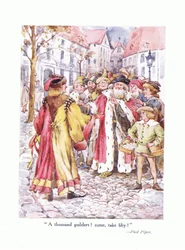 Tuhat guldenia! Tule ja ota viisikymmentä!, kuvitus teoksesta Runoja nuorille: Robert Browning, noin 1920