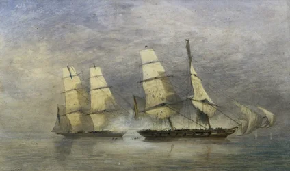 "Musta vitsi" espanjalaisen orjaprikin vangitseminen, "Almirante" Beninin lahdella, 1. helmikuuta 1829 (akvarelli paperille)