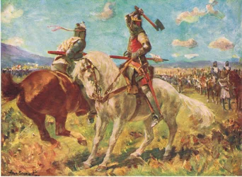 Taistelu kuningas Robert Brucen ja Sir Henry de Bohunin välillä Bannockburnissa (värilitho)