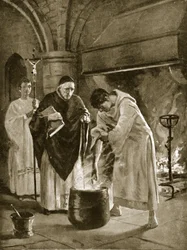 Tuomio kiehuvan veden kokeella, kuvitus teoksesta ”Hutchinson