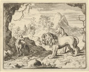 Renard vakuuttaa leijonan ja leijonan löytävänsä aarteen, jonka hänen isänsä varasti heiltä..., 1650-75.