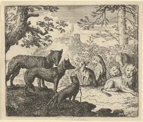Renardin vanhemmat pyytävät lupaa poistua hovista Hendrick van Alcmarin teoksessa Renard The Fox