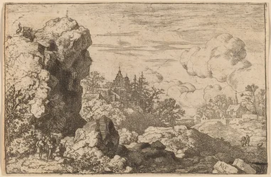 Kolme matkustajaa korkean kallion juurella, luultavasti n. 16451656.