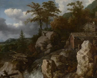 Vesiputous ja hirsimökit, noin 1665-1670 (öljy kankaalle)