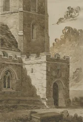 Lichfield - Pyhän Mikaelin kirkon pohjoinen kuisti: tummanpunainen seepiapiirros, nd [9.9.1842] (piirustus)