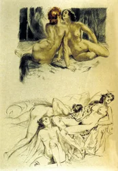 Kuvitus "kirottuista naisista" ranskalaisen runoilijan Charles Baudelairen (1821-1867) "Les fleurs du mal" -kirjassa. Almery Lobel-Richen (Lobel Riche) etsaus (1880-1950). 20. vuosisata