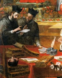 Keskustelu kahden jesuiitta välillä, yksityiskohta St Raymond of Penafortista, paavi Gregory IX:n neuvonantaja, Alonso Antonio Villamor (1661-1729). Pyhän Stevenin luostarista Salamancasta, Espanjasta.