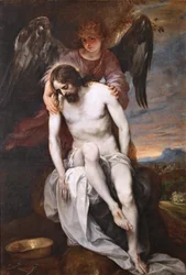 Espanjaksi:  Cristo muerto sostenido por un ángel Kuollut Kristus enkelin tukemana.