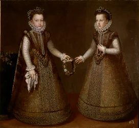 Muotokuva Isabellasta ja Katariinasta, Espanjan kuninkaan Philip II:n (1527-1598) tyttäristä. Alonso Sanchez-Coellon (Sanchez Coello) maalaus (noin 1531-1588) 1570 Madridin ympäristössä, Prado-museo
