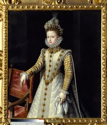 Pikkulapsen muotokuva Isabelle Claire Eugenie (1566-1633), Alankomaiden suvereeni. Alonso Sanchez Coellon (1531 - 1588) maalaus Ec. Esp.