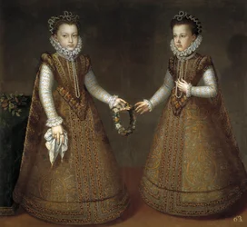 Sanchez Coello, Alonso (1531-1588) Infantas Isabel Clara Eugenia (Itävallan Isabelle Claire Eugenie) (1566-1633) ja espanjalainen Catherine Michelle (1567-1597) (Itävallan Catherine Michelle). 1575 - Öljy kankaalle