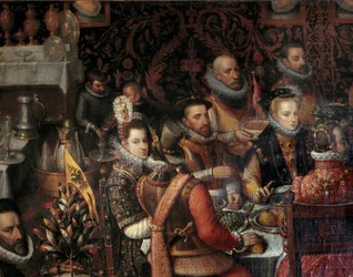 Itävallan hallitsijasuvun monarkkien juhla-ateria. Yksityiskohta, jossa oikealla on Espanjan Filip II:n (1527-1598) puoliso Anna Itävaltalainen (1549-1580) hänen vierellään ja vasemmalla infanta Isabella Clara Eugenia (1566-1633).