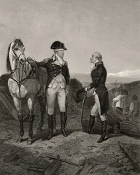 George Washingtonin ja Alexander Hamiltonin ensimmäinen tapaaminen julkaisusta Life and Times of Washington, osa I, julkaistu 1857