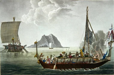 Näkymä Gueben saaren Corocoresista Pisangin saarelta, Coutantin kaivertama Voyage Autour du Monde sur les Corvettes de L