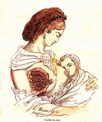 Lapsi rinnassa (J. Rengaden normaali elämä ja terveys) - Imetys. Piirustus A. Demarle 1881