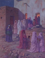 Muslimit poistumassa kylän moskeijasta Mouledin aattona, esimerkki profeetta Muhammedin elämän historiasta, julkaistu Pariisissa vuonna 1918