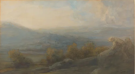 Vuoristomaisema kahdella hahmolla oikealla, 1905.