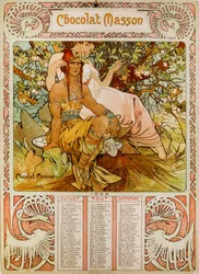 Muchan (1860 – 1939) kuvittama Chocolate Masson -kalenteri. tšekkiläinen jugendmaalari