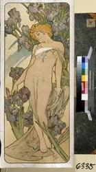 Iris (osa kukkasarjaa). Taideteos: Alfons Maria Mucha (Alphonse Marie Mucha