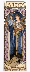Alfonse Muchan (1860-1939) juliste Victorian Sardoun (1831-1908) näytelmää "" Tosca "" varten, jonka esitti näyttelijä Sarah Bernhardt.
